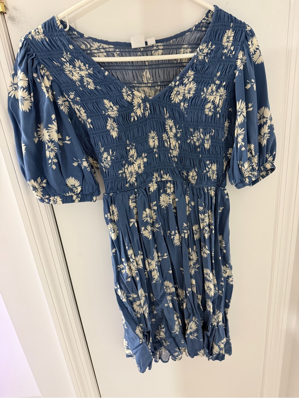 Blue Floral Smocked V-Neck Mini Dress